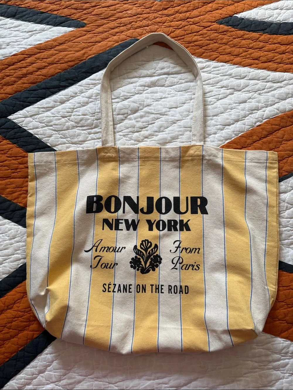 Sezane Yellow and Cream Striped Bonjour New York Canvas Tote
